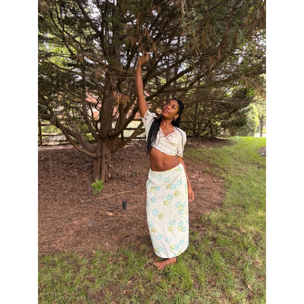 Vintage Y2K Linen Blend Floral Midi Skirt | Aqua Floral | Cottagecore